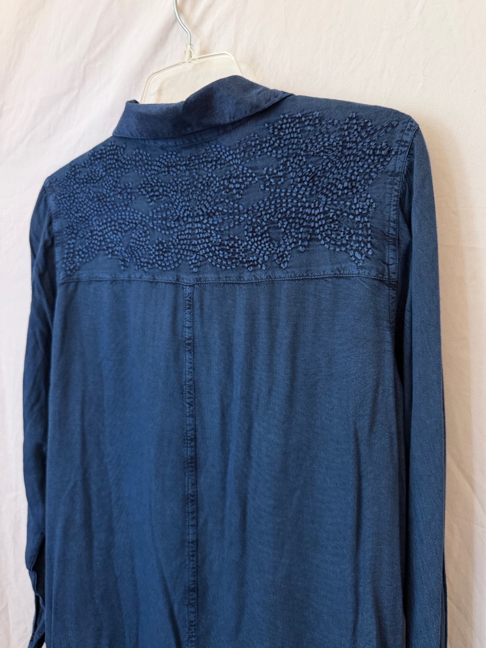 Embroidered Chambray Tunic Blouse Blue Hi Low Button Front
